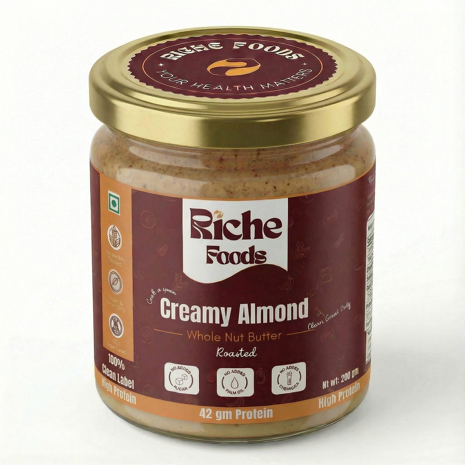 Riche Foods Creamy Almond jar showing the nut butter packaging design with maroon label and gold lid