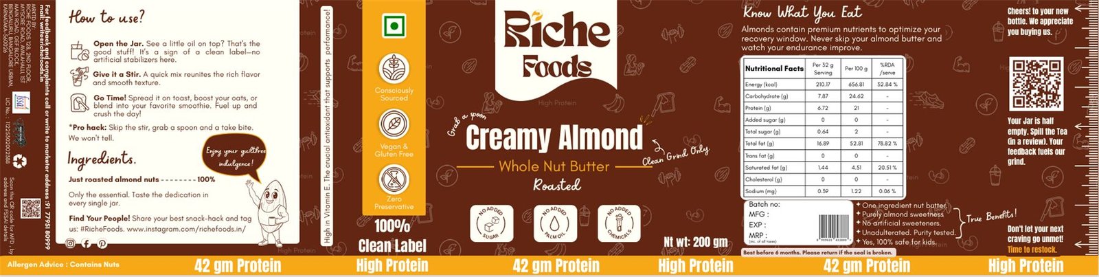 Nut butter packaging design dieline for Riche Foods Creamy Almond with nutrition panel, FSSAI mark and barcode