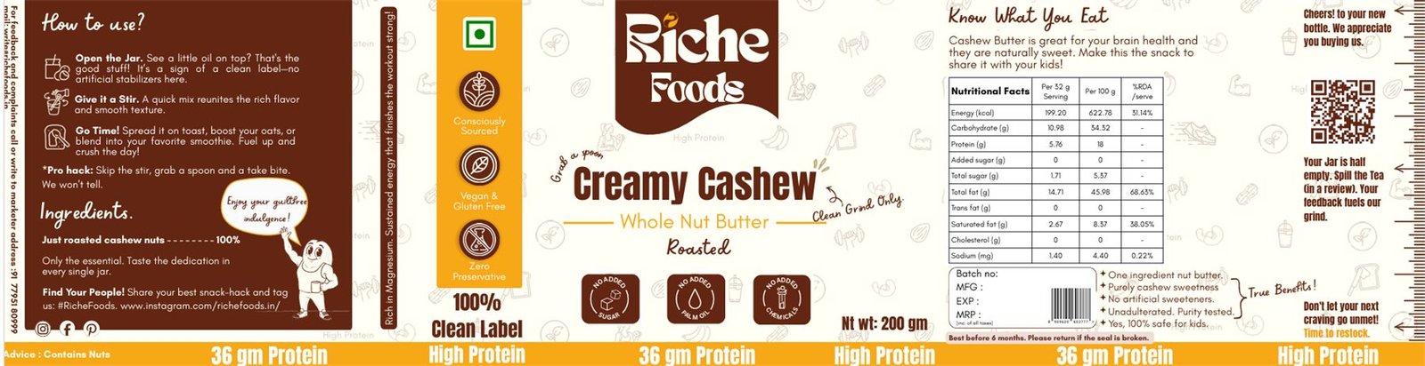 Nut butter packaging design for Riche Foods Creamy Cashew with nutrition panel and clean-label claims