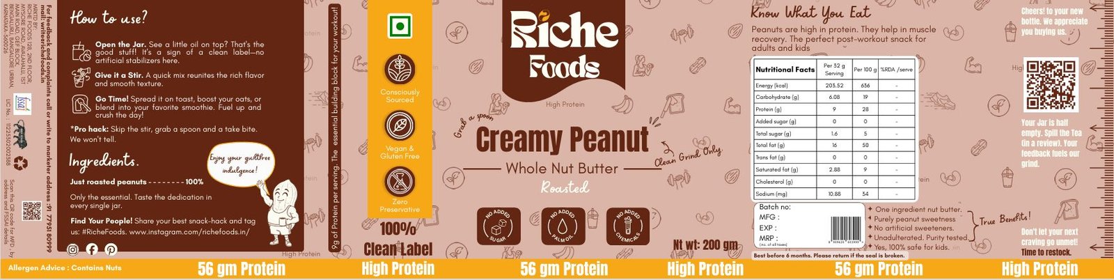 Nut butter packaging design for Riche Foods Creamy Peanut with protein claim and statutory marks