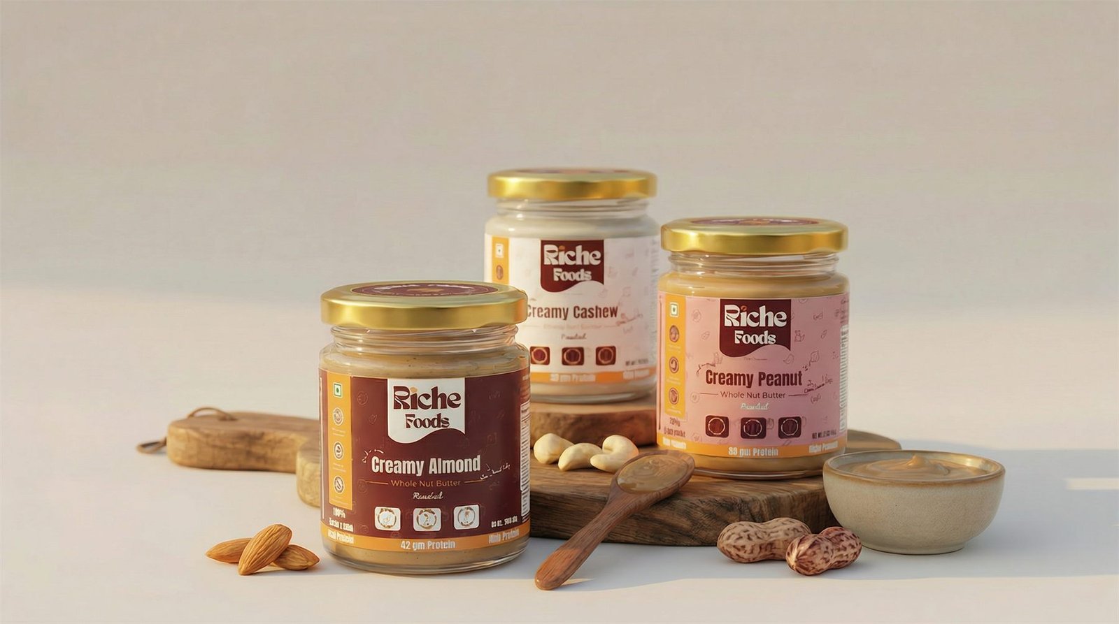 Launch campaign creative featuring the Riche Foods nut butter packaging design